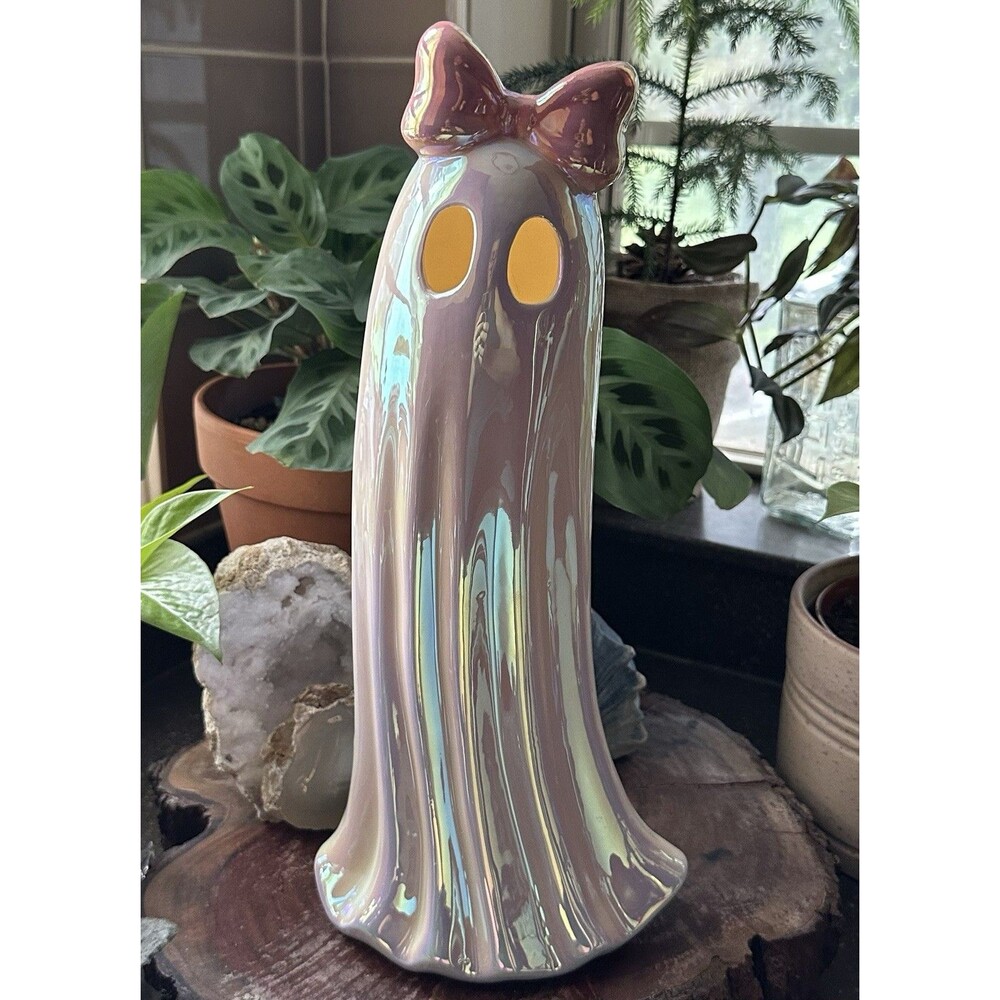 Large 14” Ceramic Ghost LED Light Up Iridescent Pearl Pink Bow Halloween Decor
